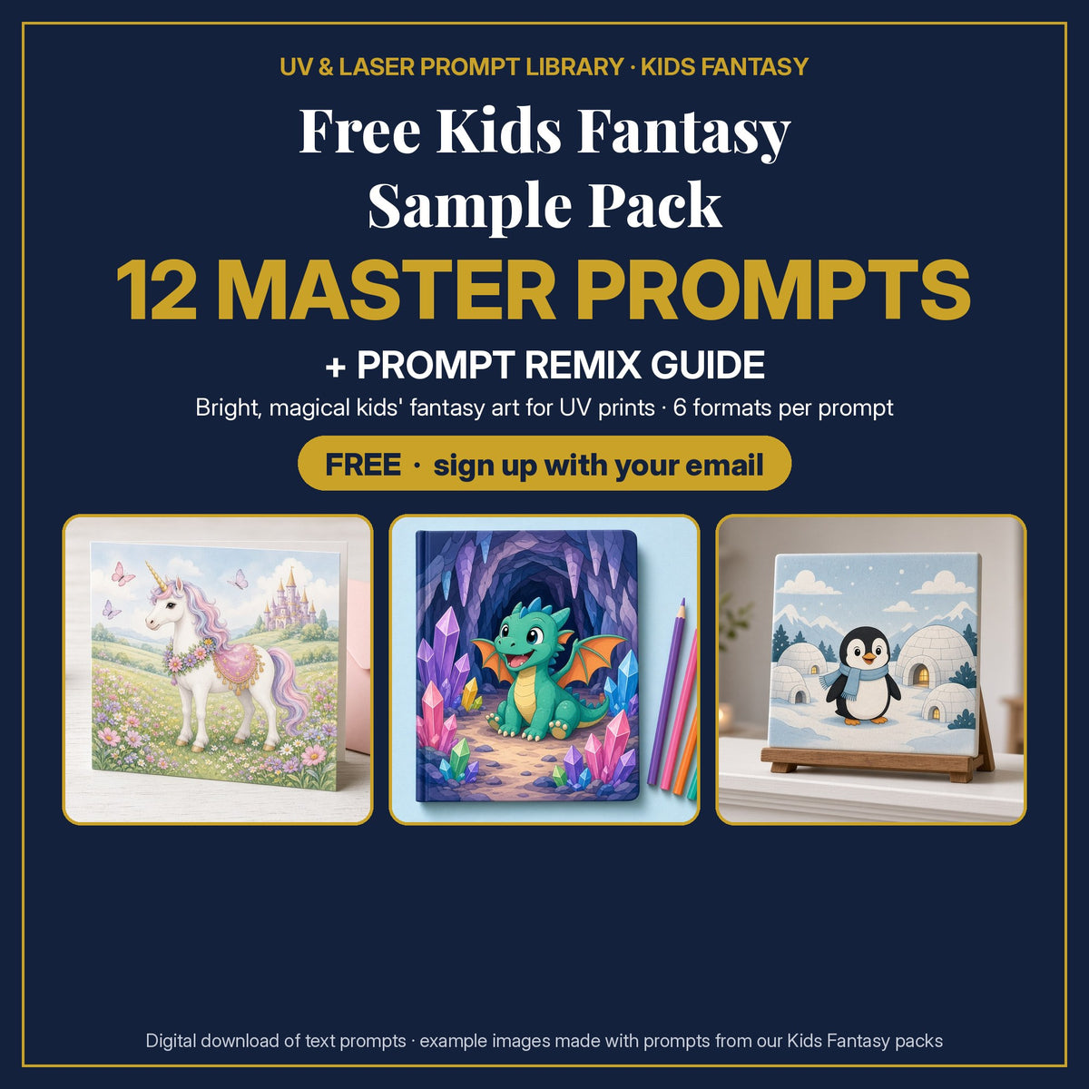 Free Kids Fantasy Sample Pack cover: 12 master prompts + Prompt Remix Guide, free with email sign-up, with example unicorn, dragon and penguin prints made with prompts from our Kids Fantasy packs