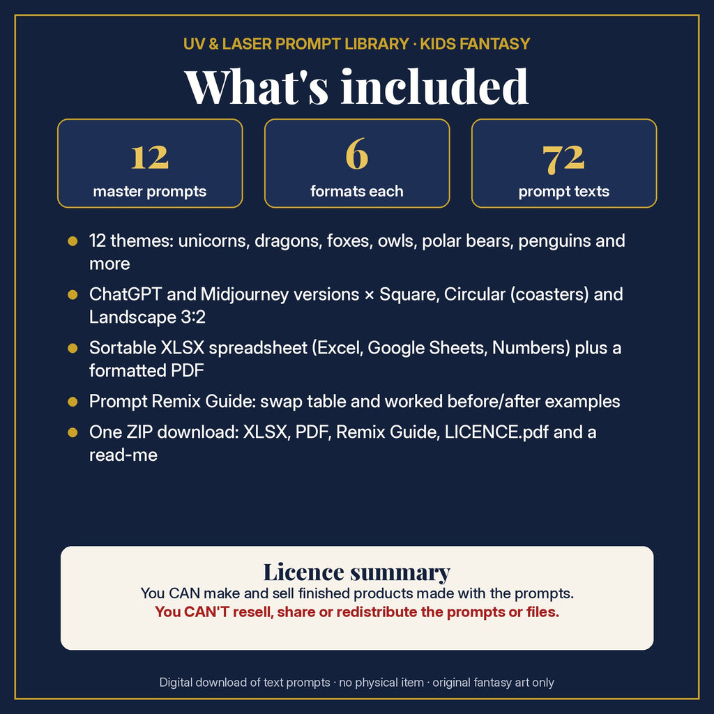 What's included in the Free Kids Fantasy Sample Pack: 12 master prompts, 6 formats each, 72 prompt texts, XLSX and PDF files, Remix Guide and licence summary