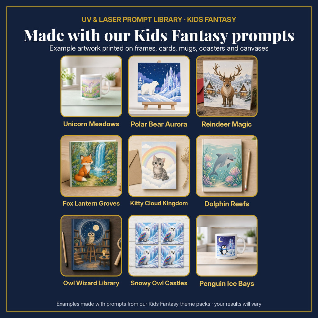 Example kids' fantasy artwork made with prompts from our Kids Fantasy theme packs: unicorn, polar bear, reindeer, fox, kitten, dolphin, owl, snowy owl and penguin on prints, cards, mugs and coasters