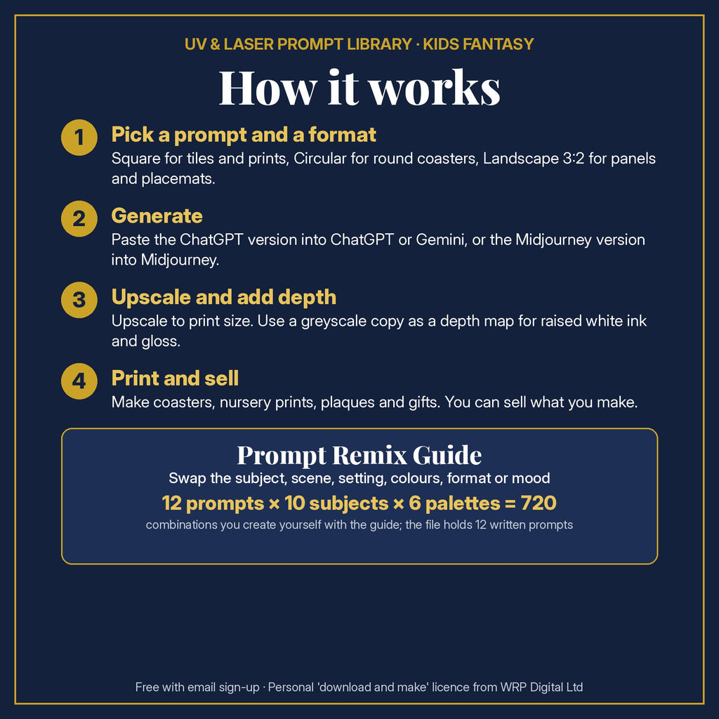 How the Free Kids Fantasy Sample Pack works: pick a prompt and format, generate, upscale and add depth, then print and sell; Remix Guide gives 720 combinations
