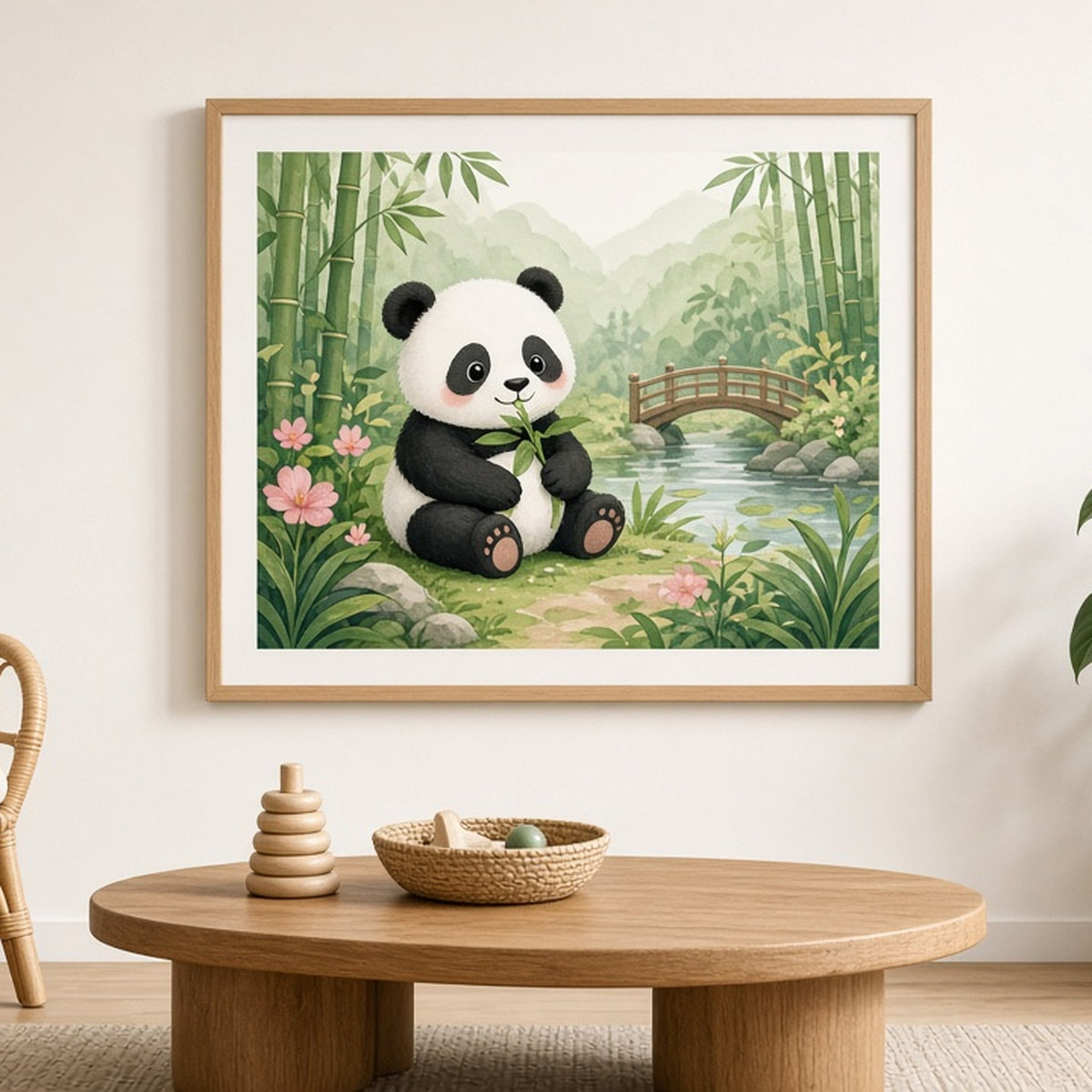 Panda in a magical bamboo garden shown as a flat framed print in a playroom, made with prompt #68