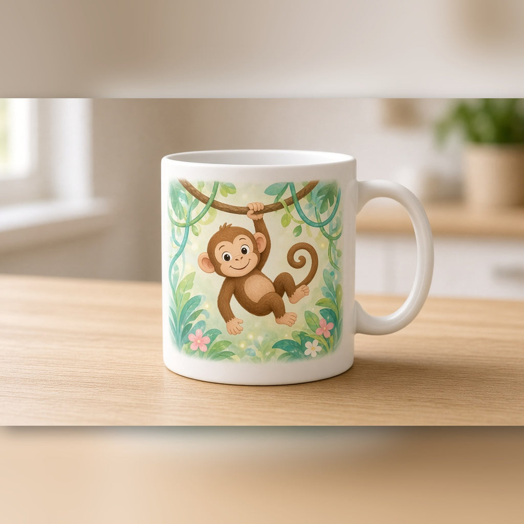 Baby monkey beside glowing vines printed flat on a ceramic mug, made with prompt #380