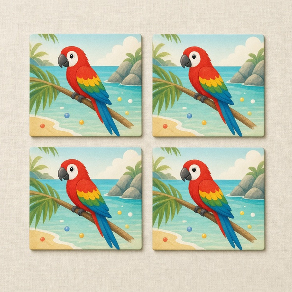 Parrot near a sparkling lagoon printed flat on a set of four coasters, made with prompt #699