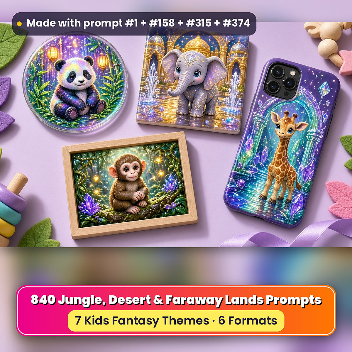 Jungle, Desert & Faraway Lands kids fantasy prompt bundle: UV-printed coaster, tile and phone case set mockup, made with prompt #1 + #158 + #315 + #374