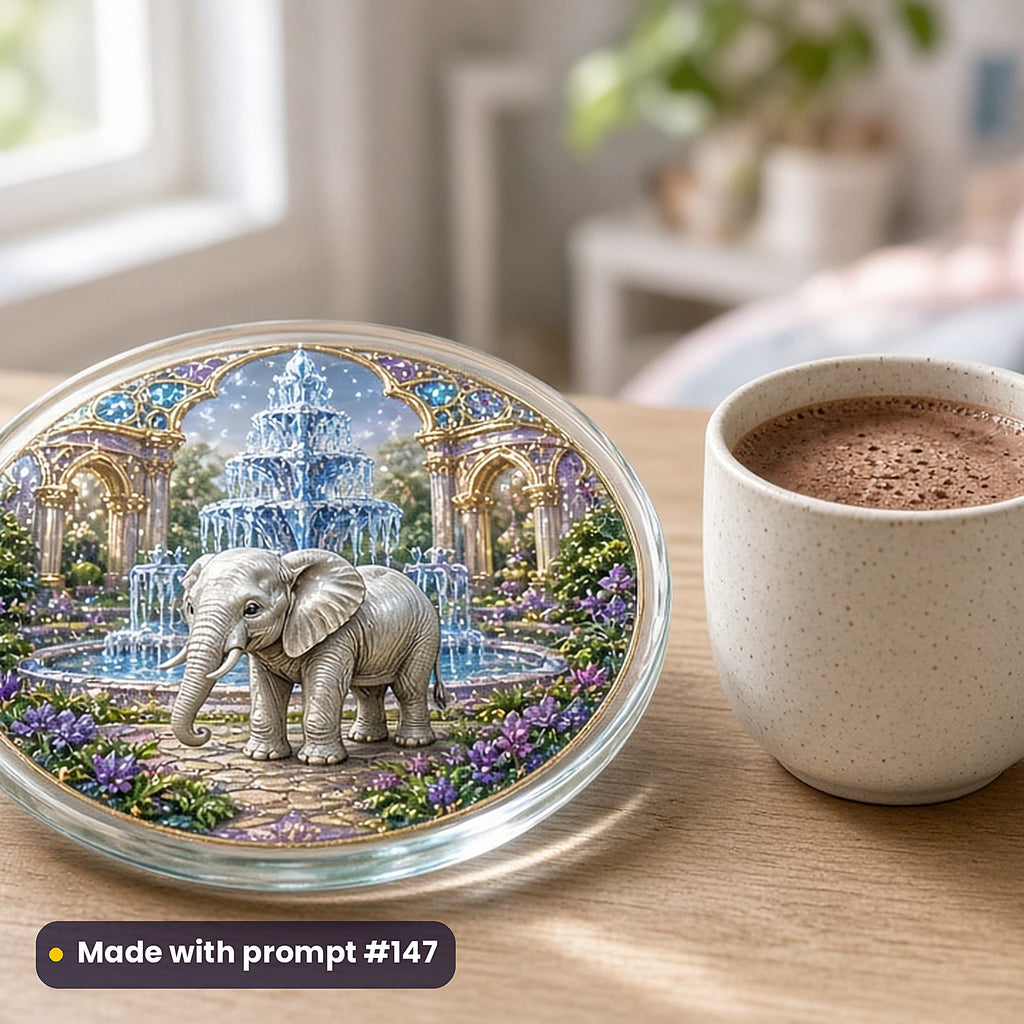 Jungle, Desert & Faraway Lands kids fantasy prompt bundle: UV-printed glass coaster mockup, made with prompt #147