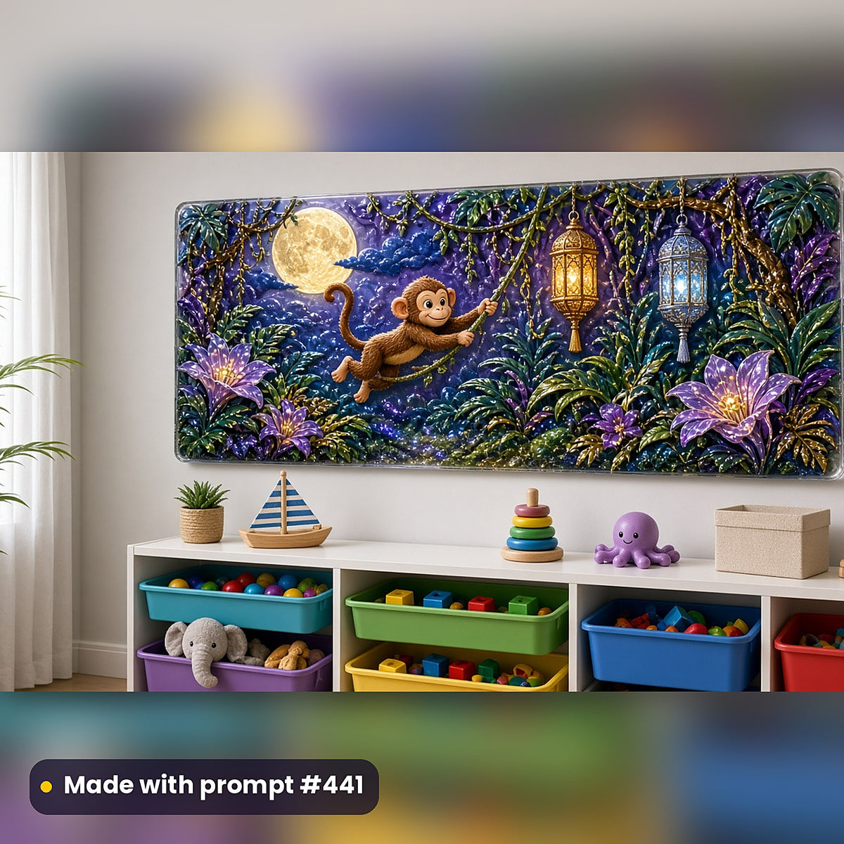 Jungle, Desert & Faraway Lands kids fantasy prompt bundle: acrylic wall panel above a toy shelf mockup, made with prompt #441
