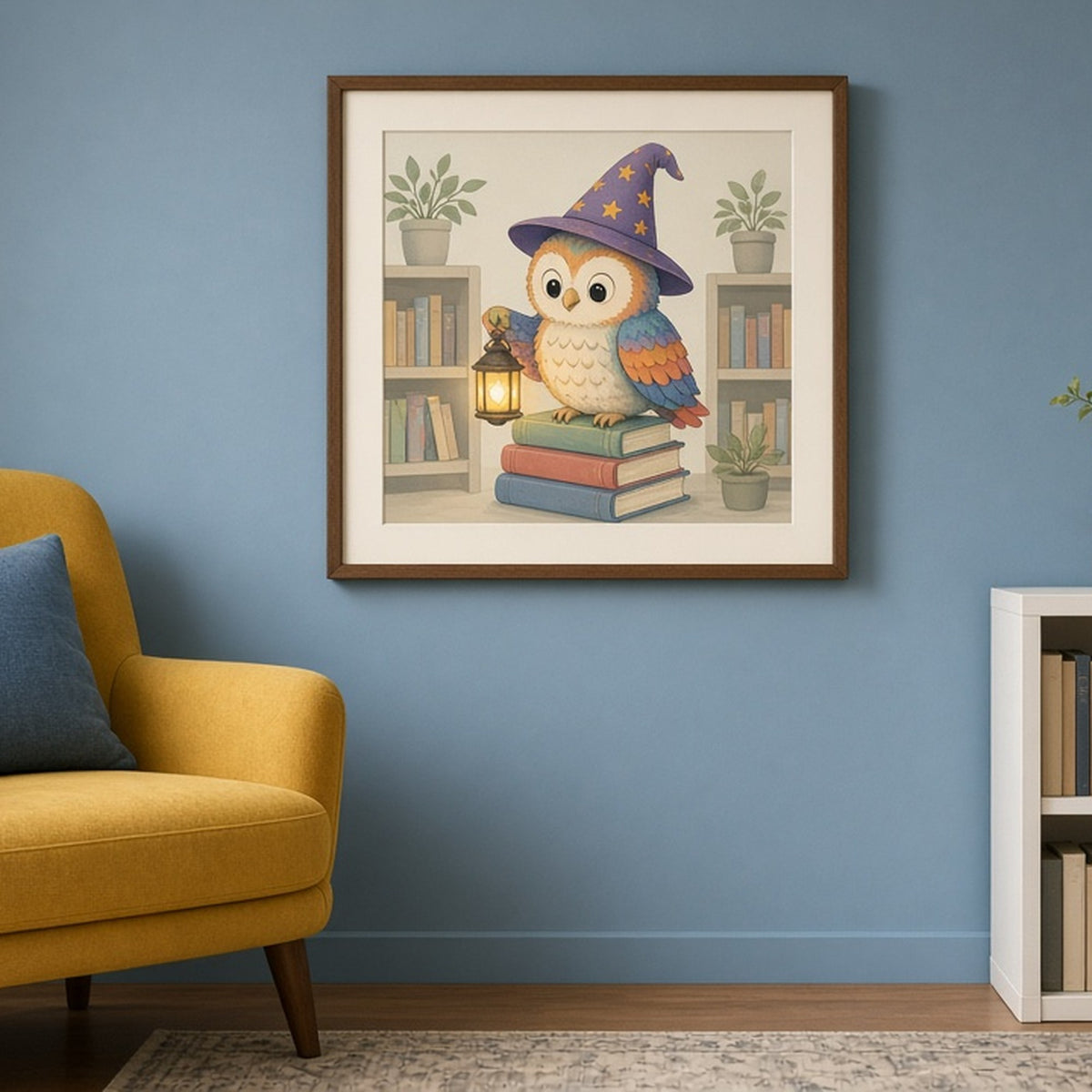 Rainbow owl wizard with lantern light shown as a flat framed print in a reading corner, made with prompt #68