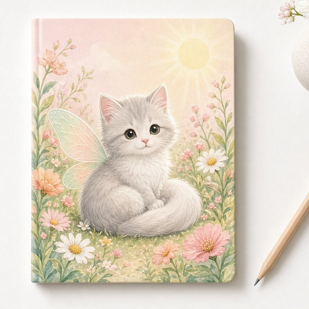 Kitten with tiny fairy wings printed flat on a notebook cover, made with prompt #399