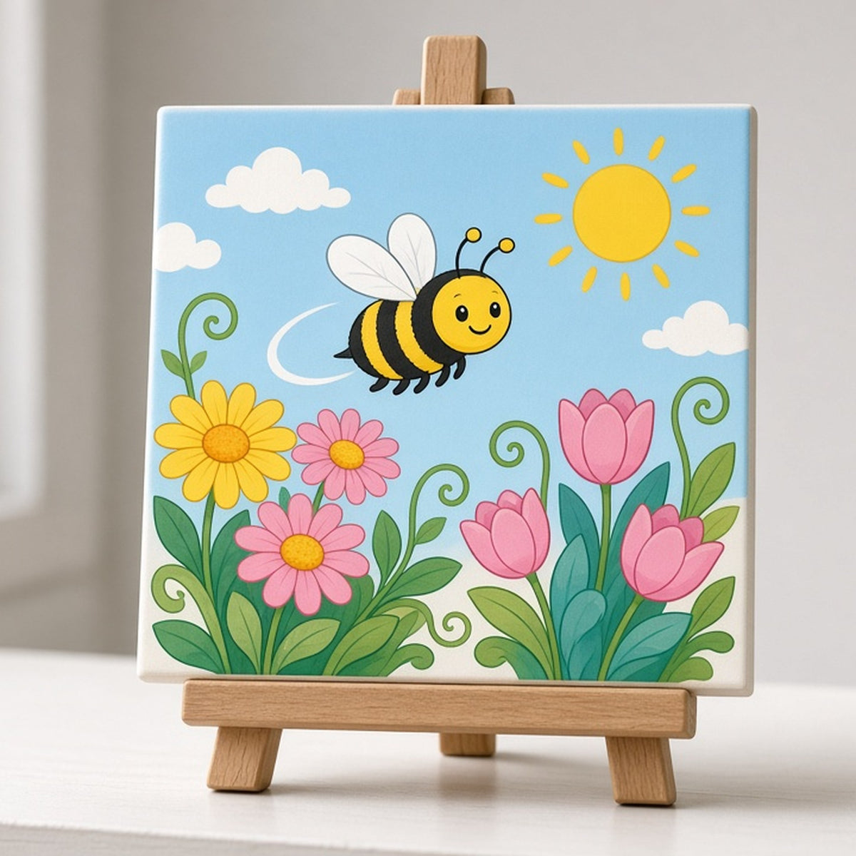 Bee in a sunny fantasy garden printed flat on a ceramic tile on an easel, made with prompt #699