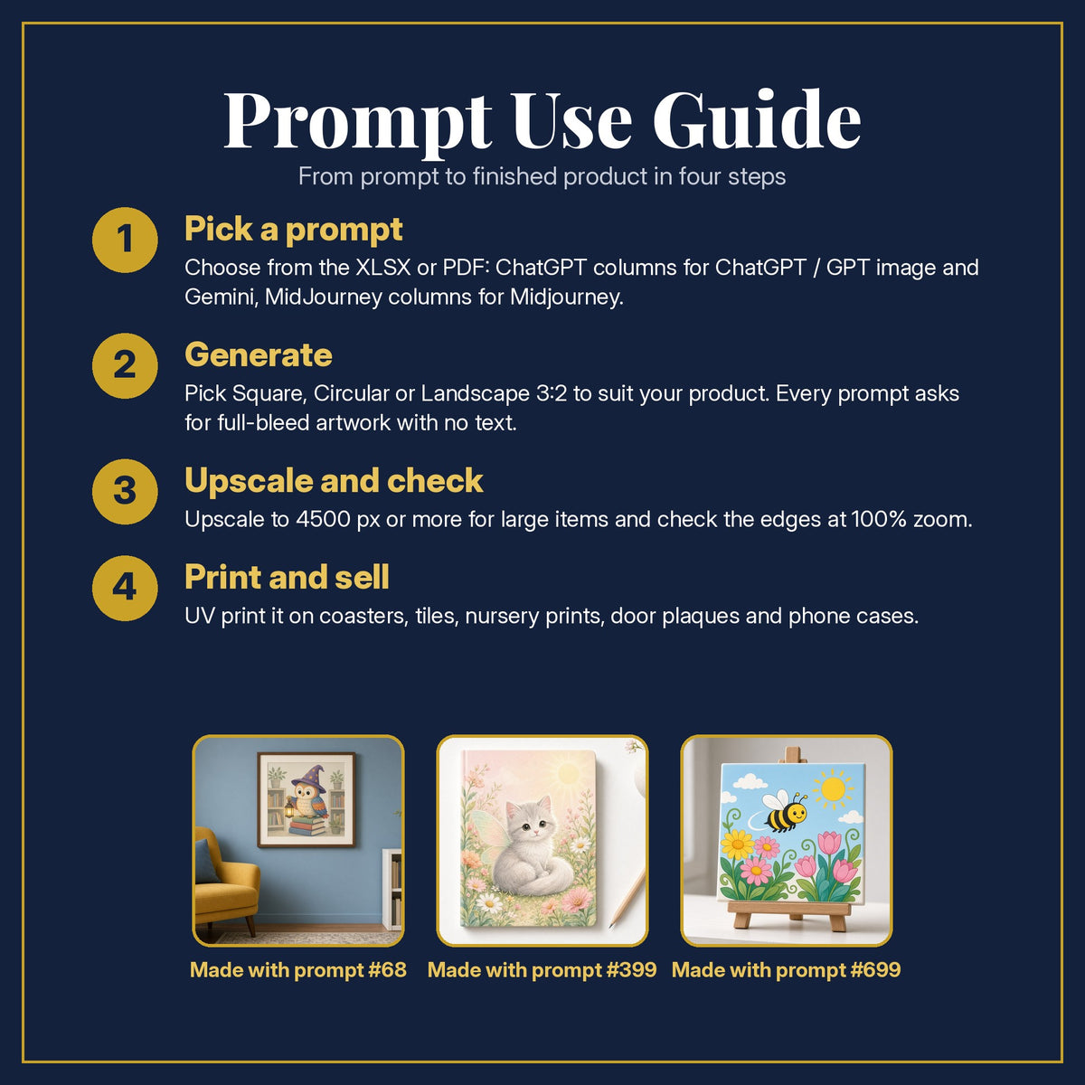 Prompt Use Guide for the Gardens, Meadows & Sky Kingdoms Kids Fantasy Bundle: pick a prompt, generate, upscale and check, print and sell, with sample products made with the pack's prompts