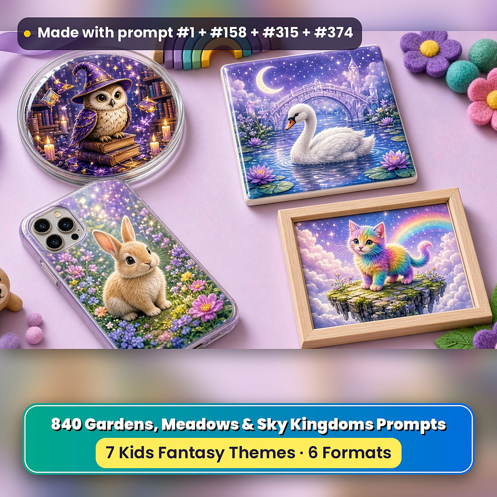 Gardens, Meadows & Sky Kingdoms kids fantasy prompt bundle: UV-printed coaster, tile and phone case set mockup, made with prompt #1 + #158 + #315 + #374
