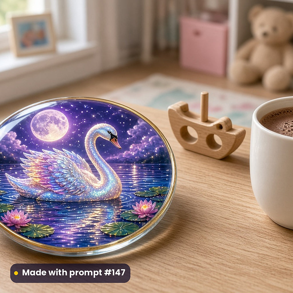Gardens, Meadows & Sky Kingdoms kids fantasy prompt bundle: UV-printed glass coaster mockup, made with prompt #147
