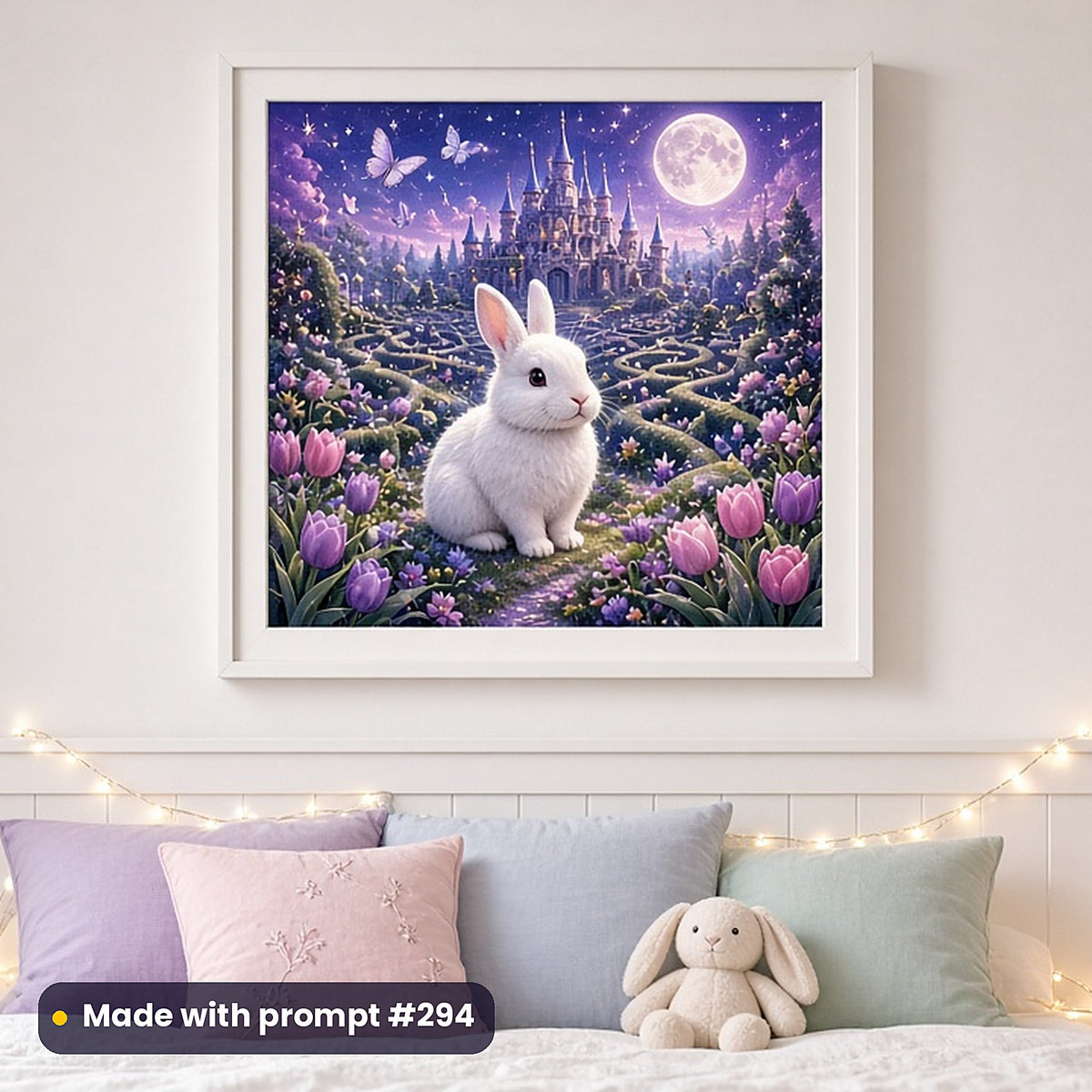 Gardens, Meadows & Sky Kingdoms kids fantasy prompt bundle: framed nursery print mockup, made with prompt #294