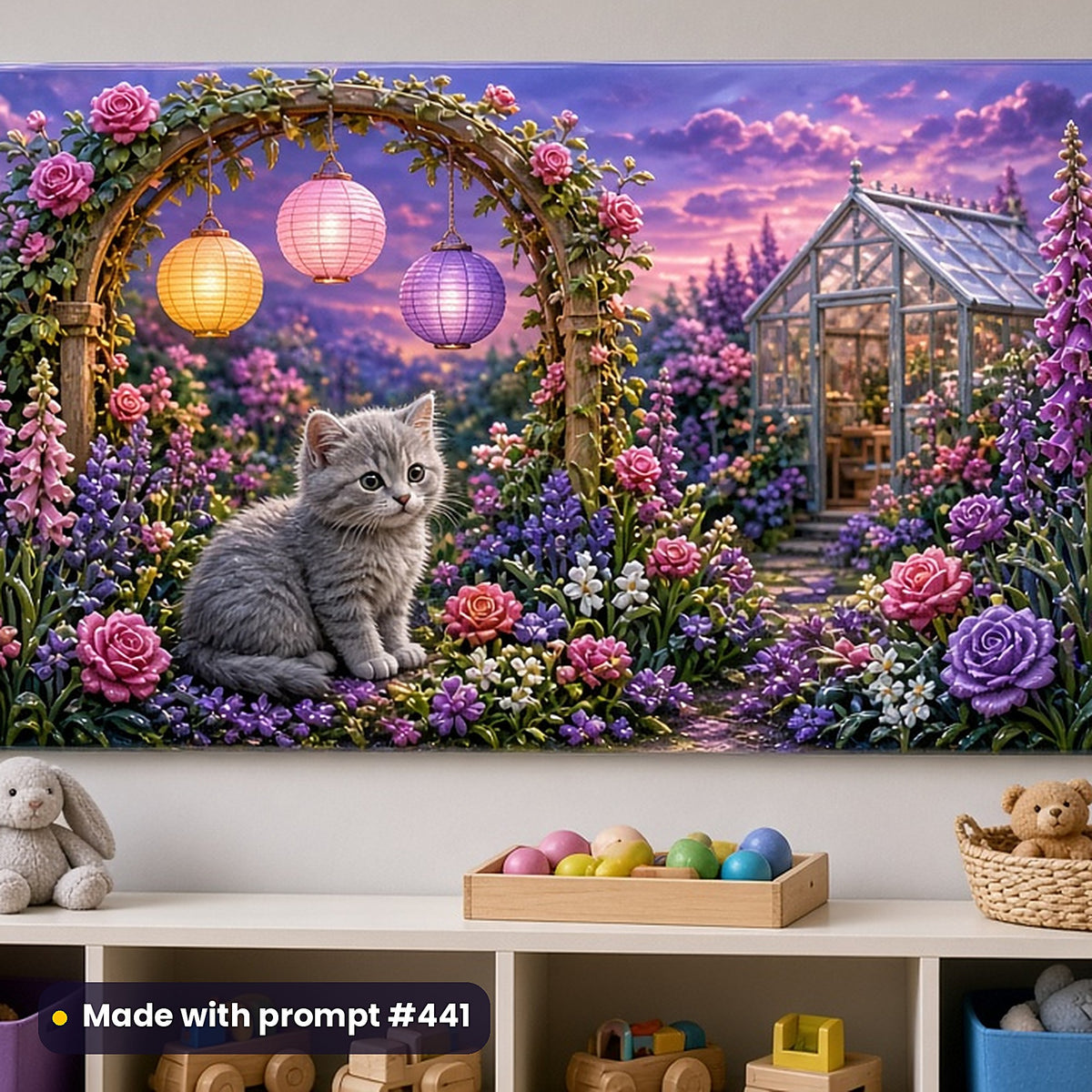 Gardens, Meadows & Sky Kingdoms kids fantasy prompt bundle: acrylic wall panel above a toy shelf mockup, made with prompt #441