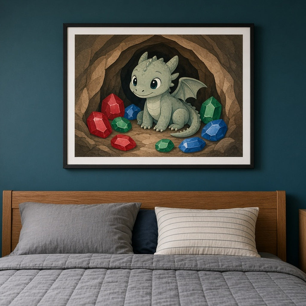 Dragon hatchling among jewel-toned gemstones shown as a flat framed print in a bedroom, made with prompt #75