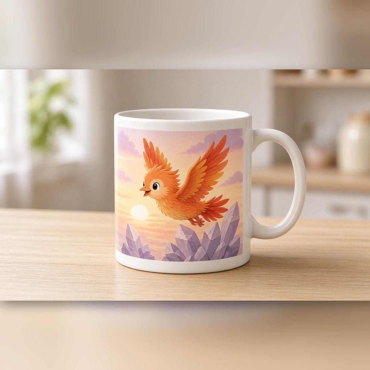 Baby phoenix over crystal rocks printed flat on a ceramic mug, made with prompt #387