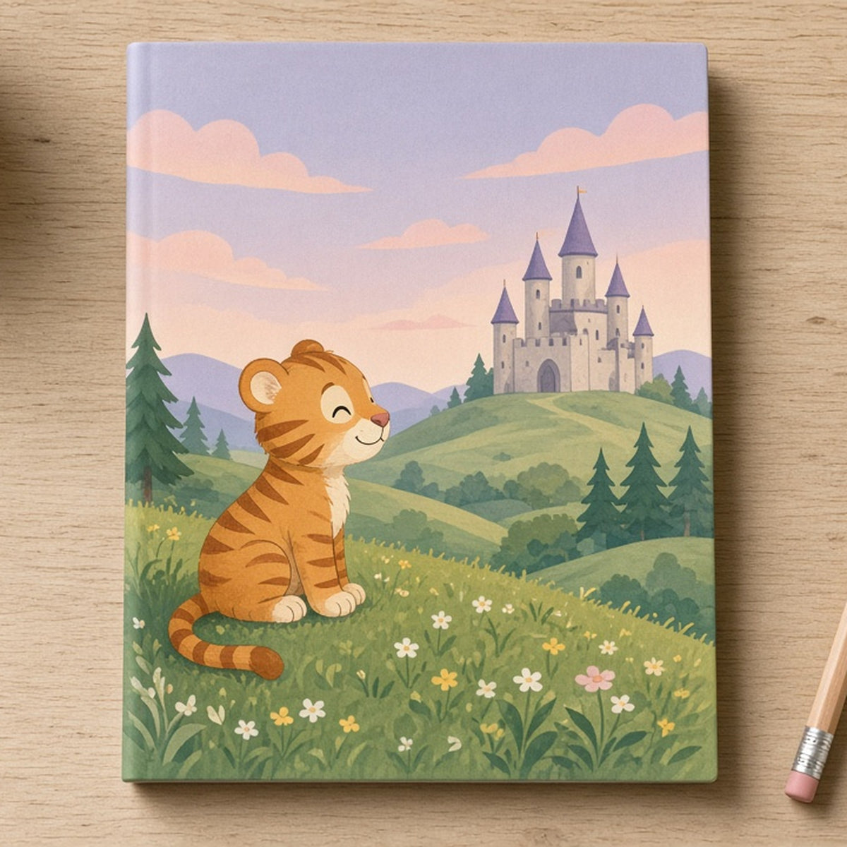 Magical tiger before a distant castle printed flat on a notebook cover, made with prompt #699