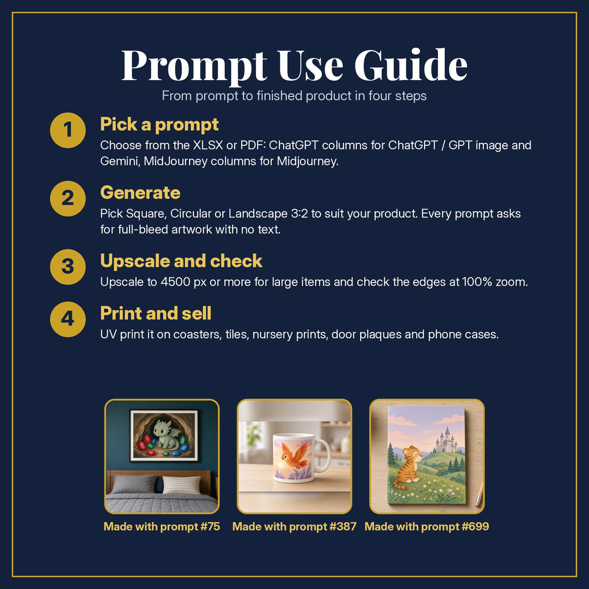 Prompt Use Guide for the Dragons, Castles & Royal Kingdoms Kids Fantasy Bundle: pick a prompt, generate, upscale and check, print and sell, with sample products made with the pack's prompts