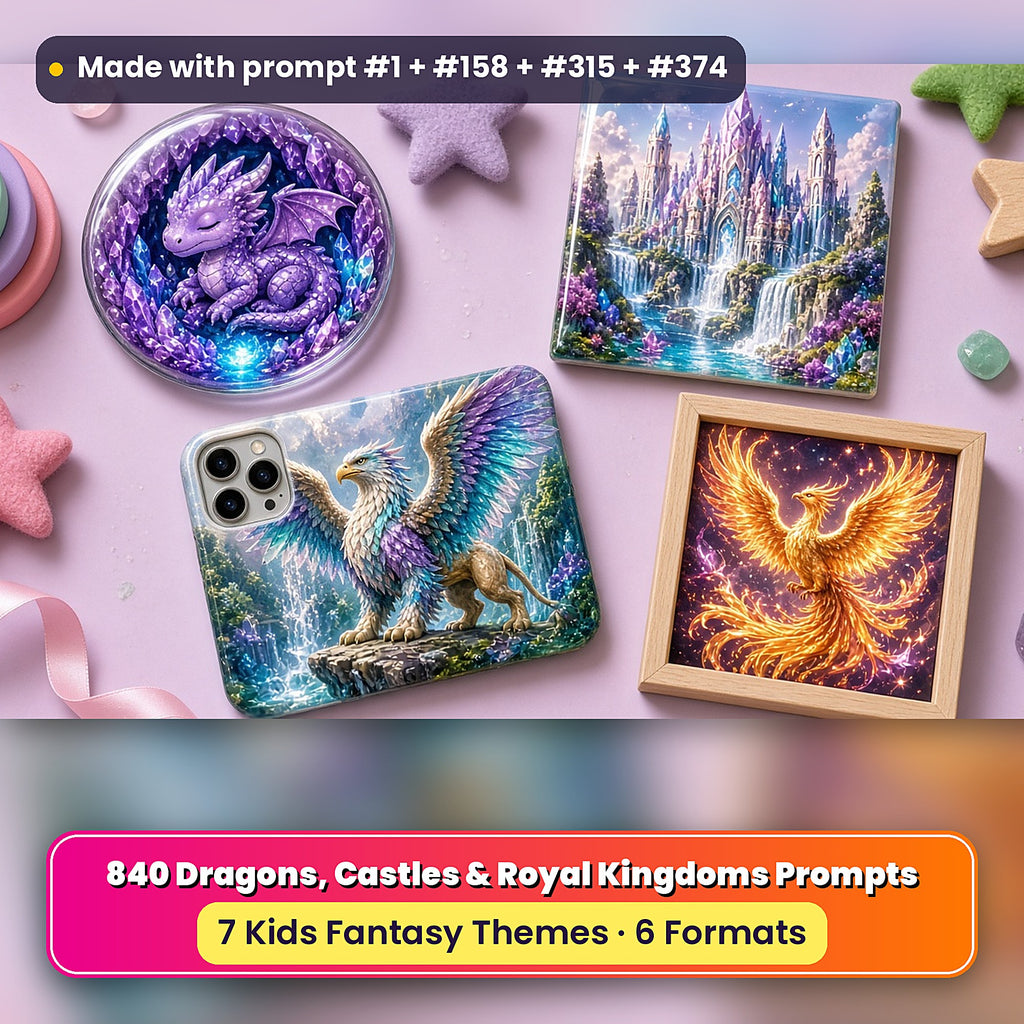 Dragons, Castles & Royal Kingdoms kids fantasy prompt bundle: UV-printed coaster, tile and phone case set mockup, made with prompt #1 + #158 + #315 + #374