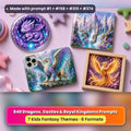 Dragons, Castles & Royal Kingdoms kids fantasy prompt bundle: UV-printed coaster, tile and phone case set mockup, made with prompt #1 + #158 + #315 + #374