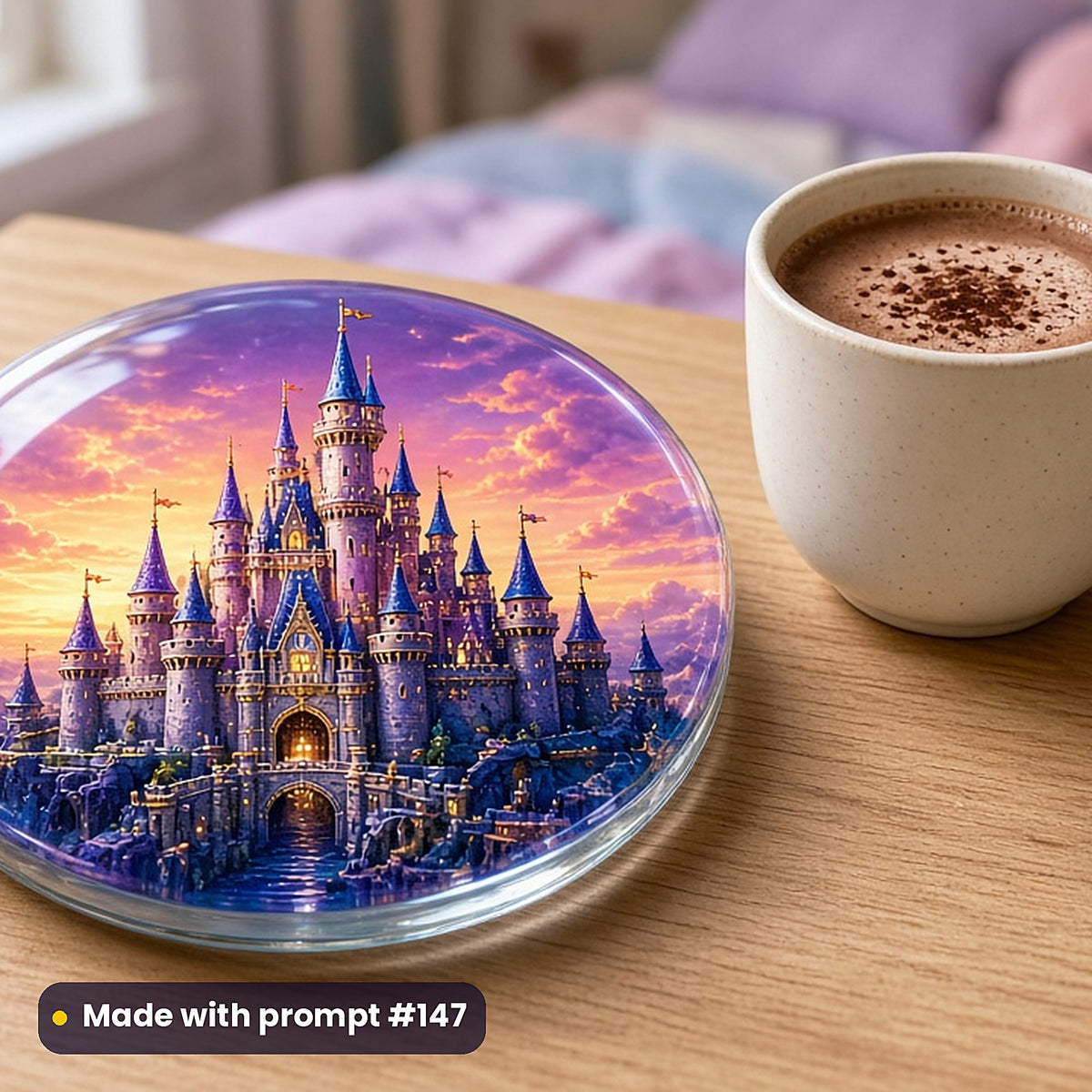 Dragons, Castles & Royal Kingdoms kids fantasy prompt bundle: UV-printed glass coaster mockup, made with prompt #147