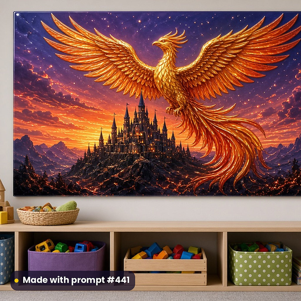 Dragons, Castles & Royal Kingdoms kids fantasy prompt bundle: acrylic wall panel above a toy shelf mockup, made with prompt #441