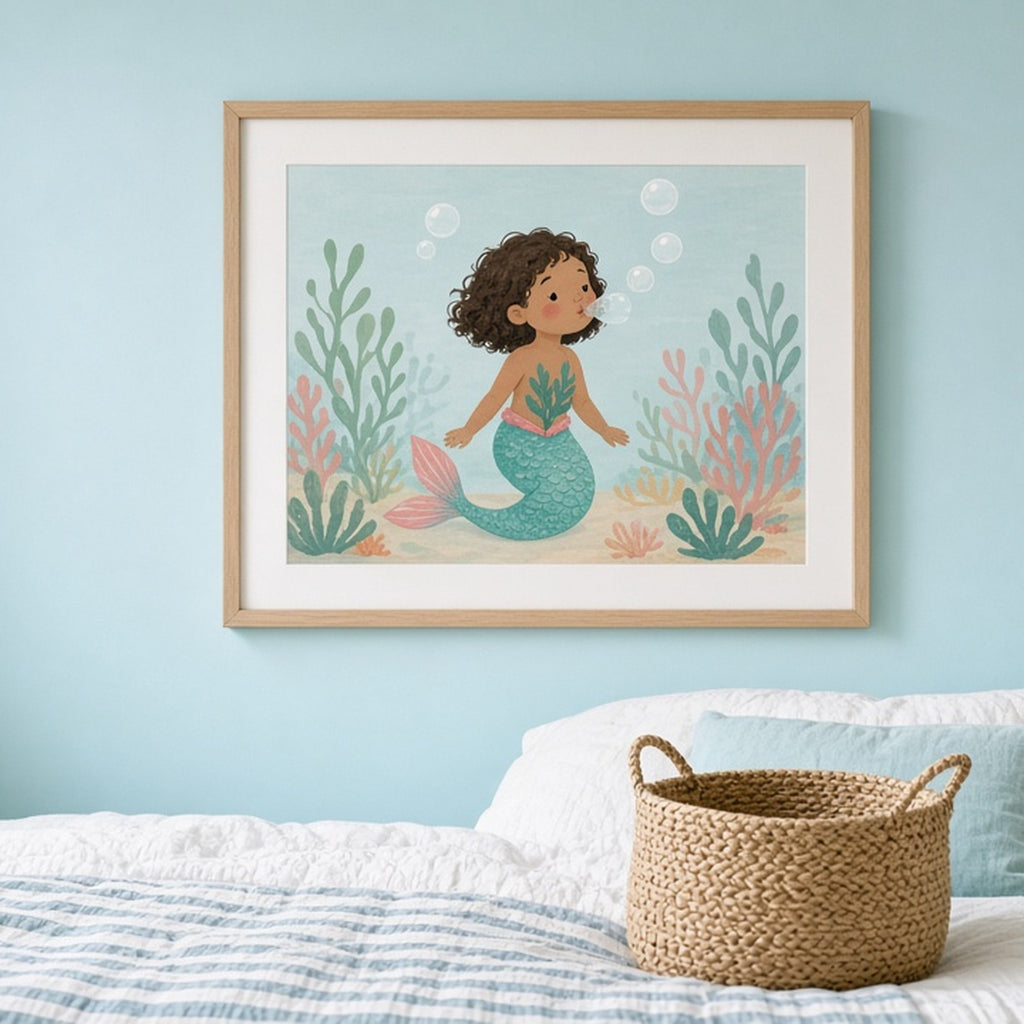 Playful mermaid with luminous bubbles shown as a flat framed print in a seaside bedroom, made with prompt #77
