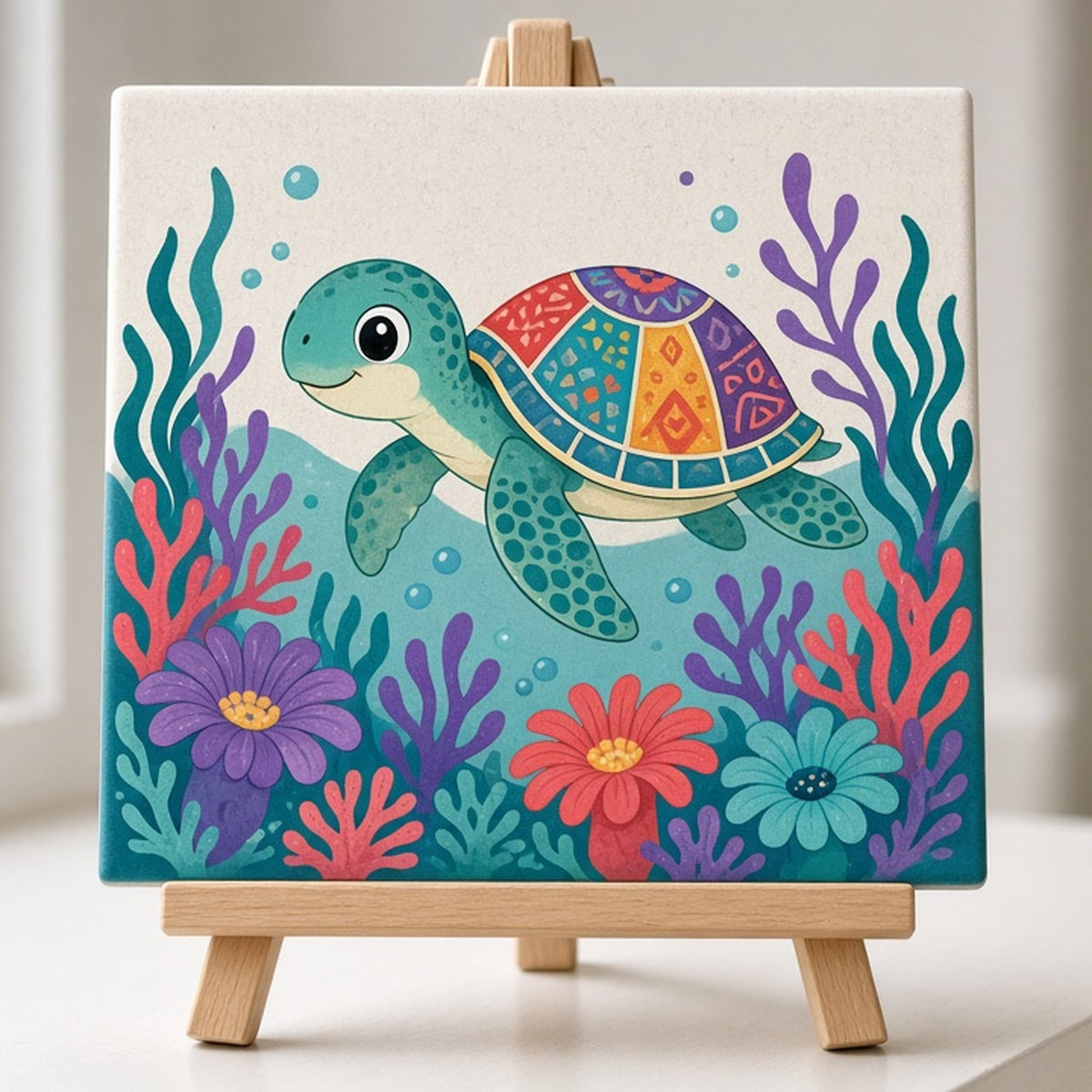 Jeweled turtle swimming through sea flowers printed flat on a ceramic tile on an easel, made with prompt #435