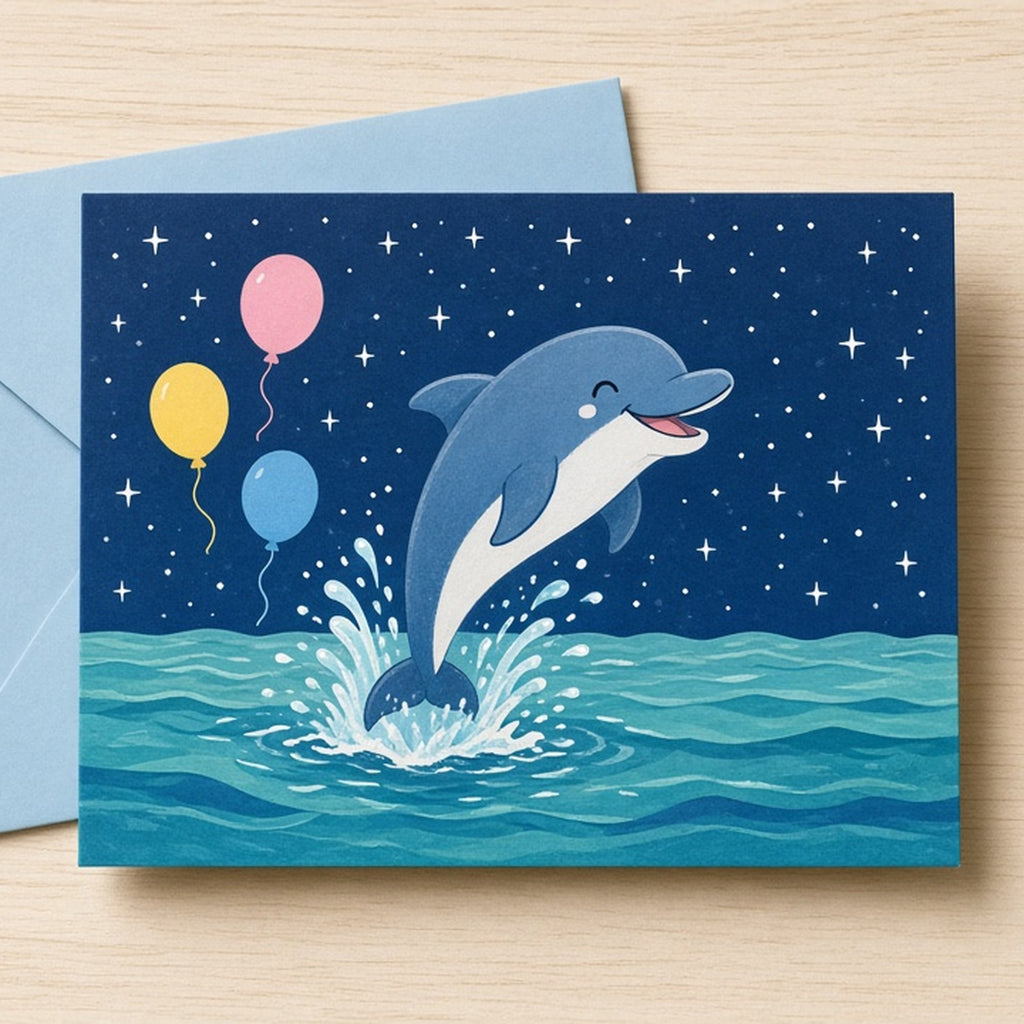 Dolphin beneath stars and balloons printed flat on a greeting card, made with prompt #797