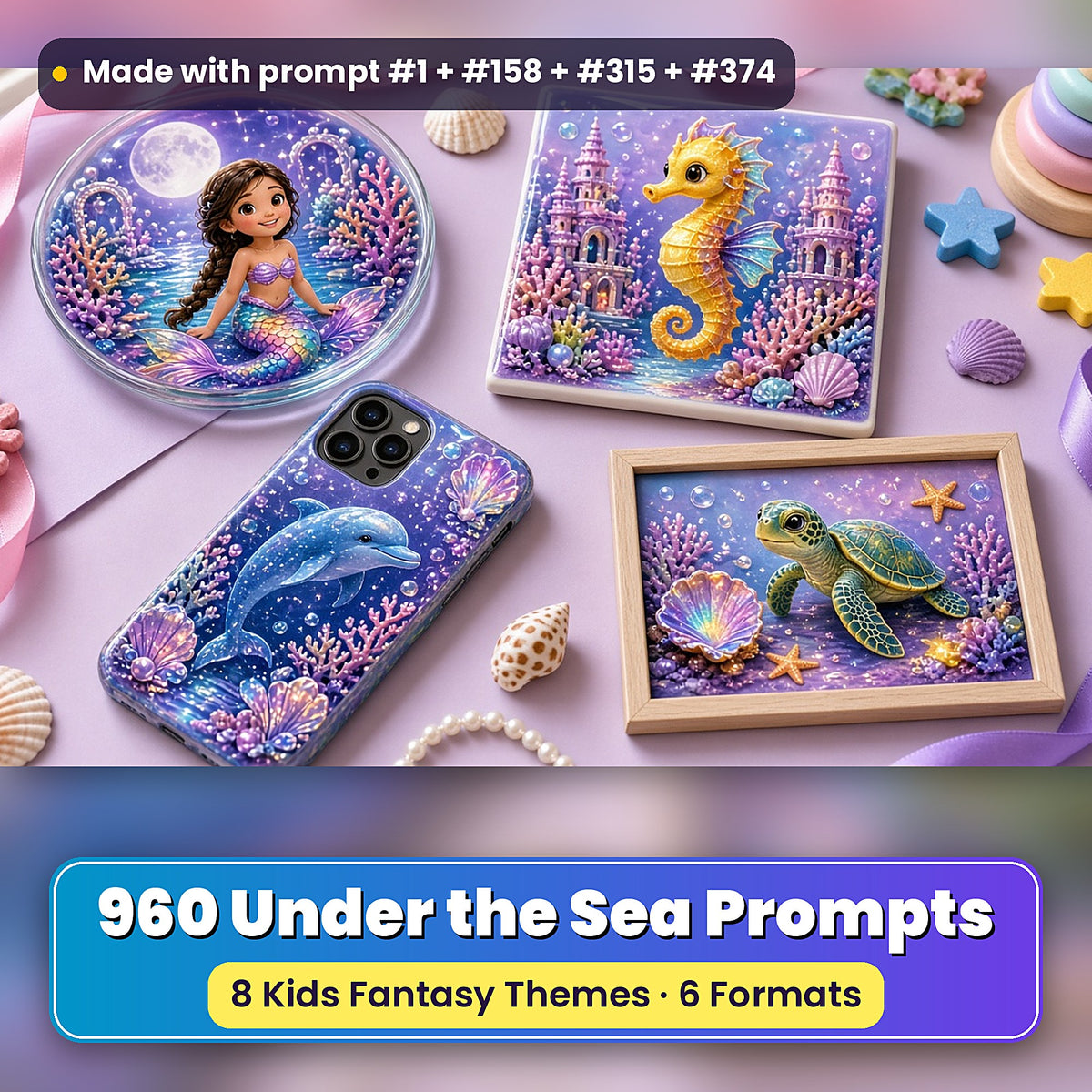 Under the Sea kids fantasy prompt bundle: UV-printed coaster, tile and phone case set mockup, made with prompt #1 + #158 + #315 + #374