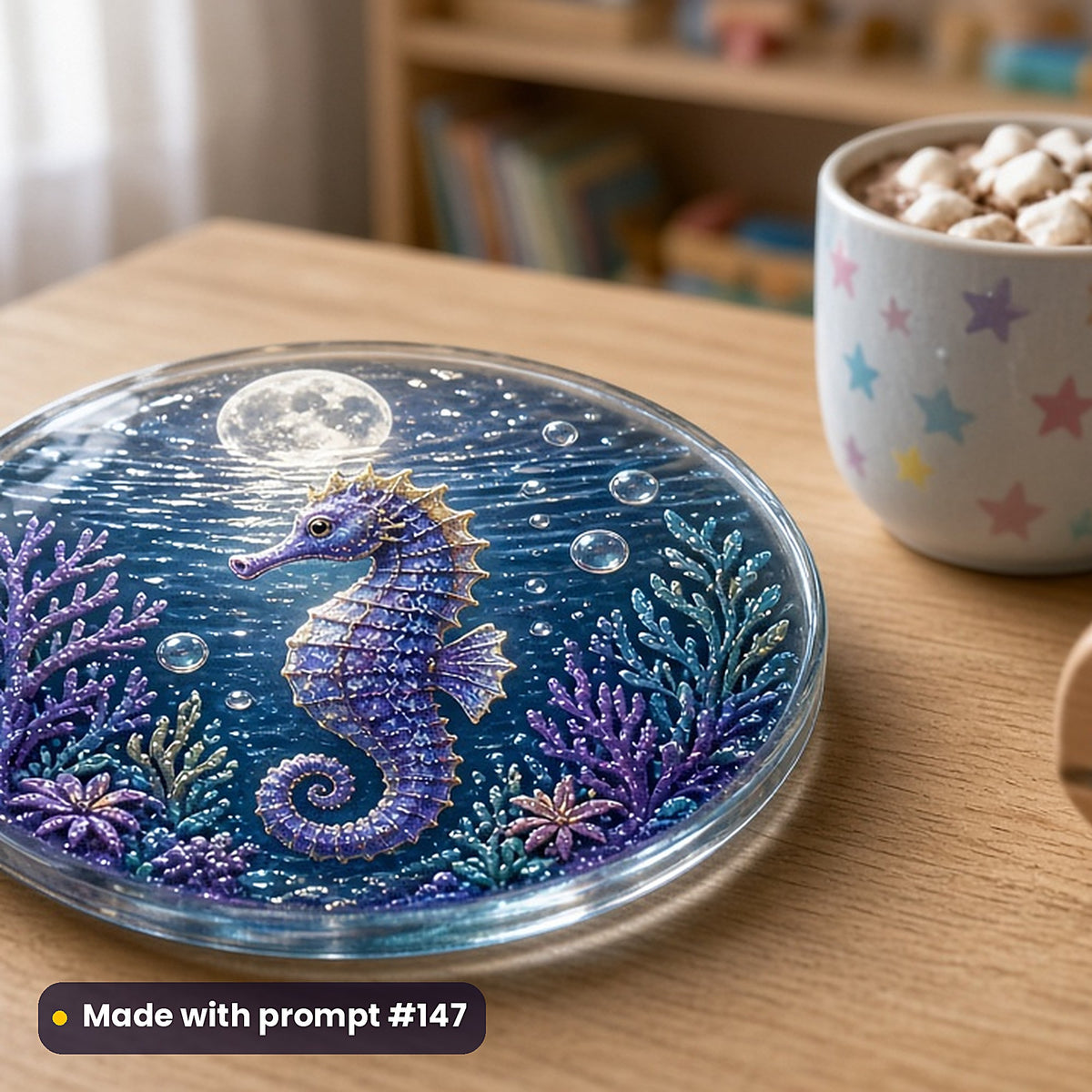 Under the Sea kids fantasy prompt bundle: UV-printed glass coaster mockup, made with prompt #147