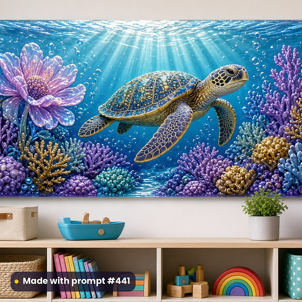 Under the Sea kids fantasy prompt bundle: acrylic wall panel above a toy shelf mockup, made with prompt #441