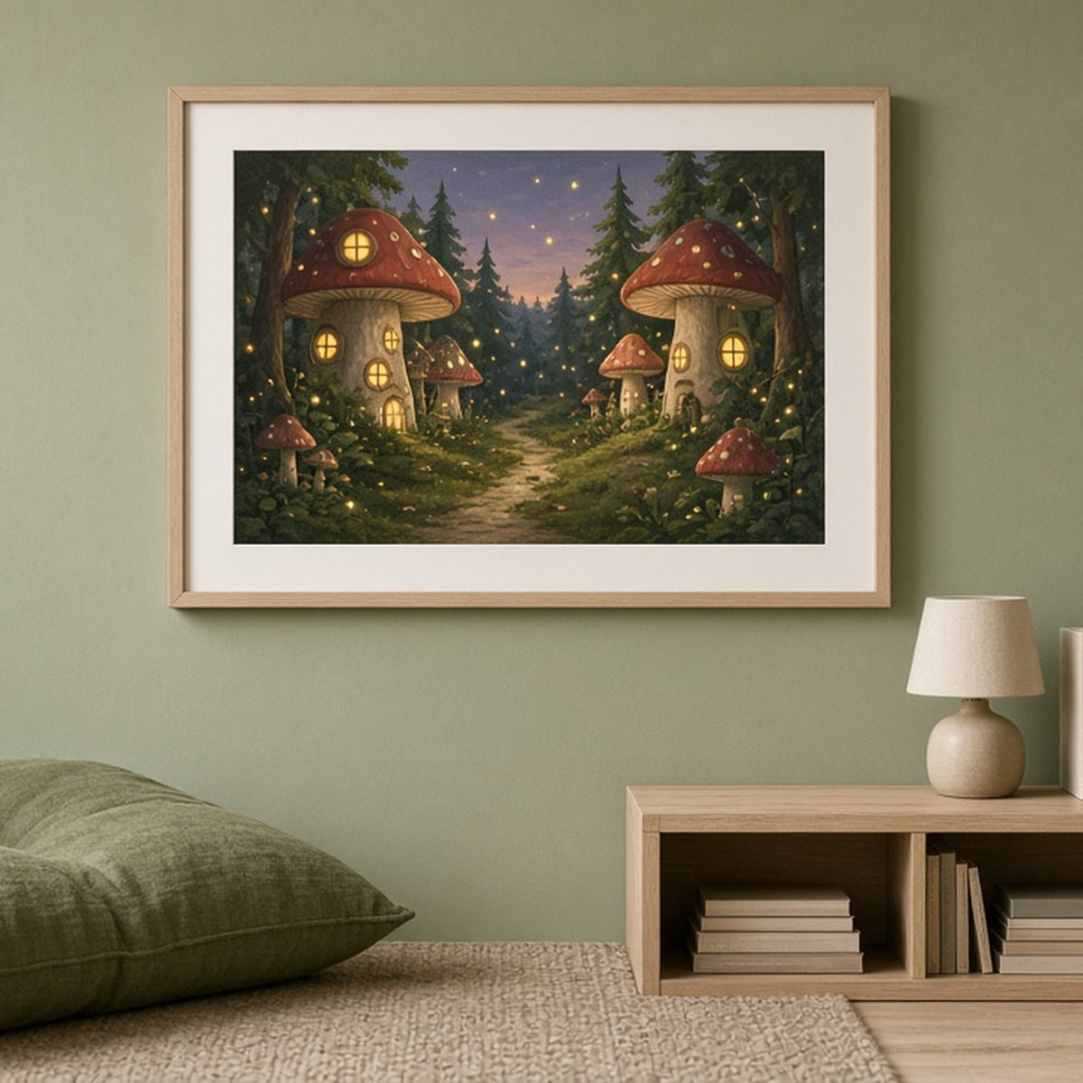 Glowing mushroom cottage village shown as a flat framed print in a reading nook, made with prompt #123