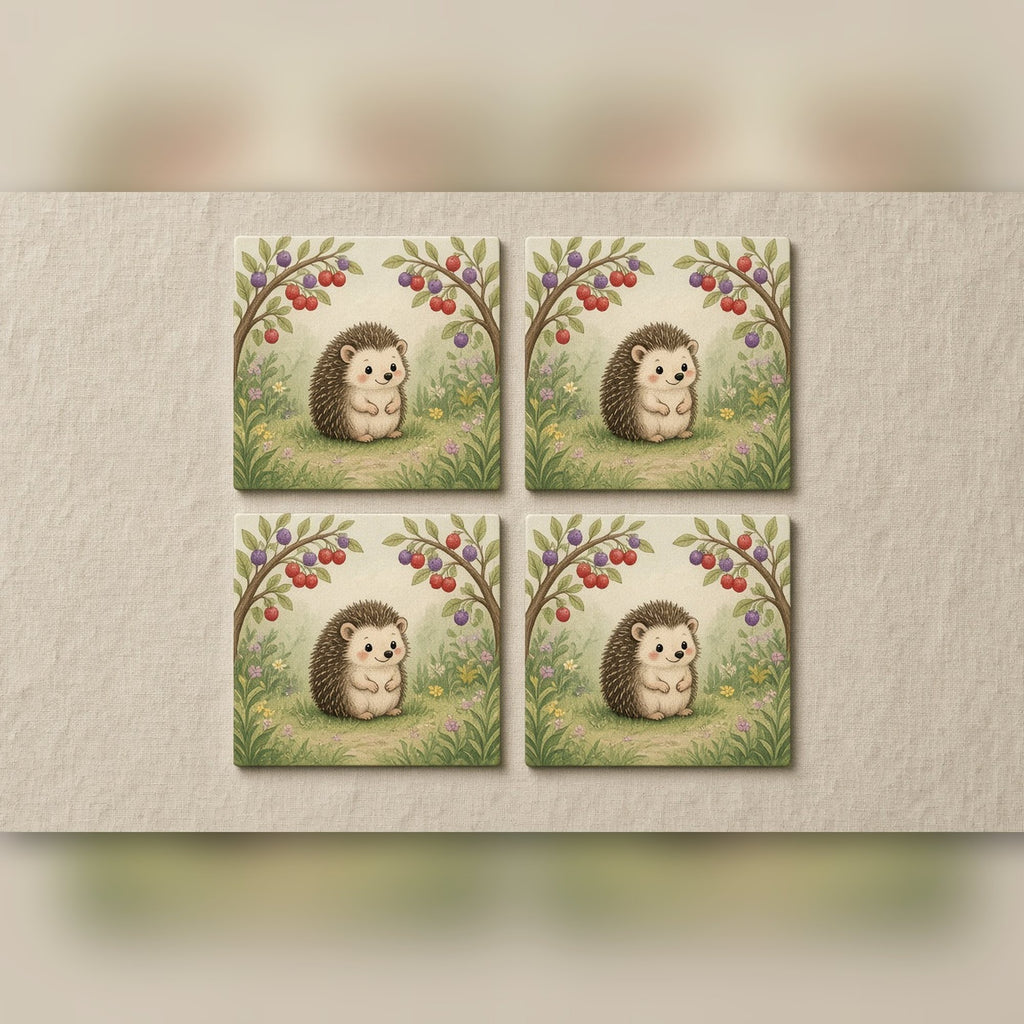 Hedgehog beneath berry branches printed flat on a set of four coasters, made with prompt #543