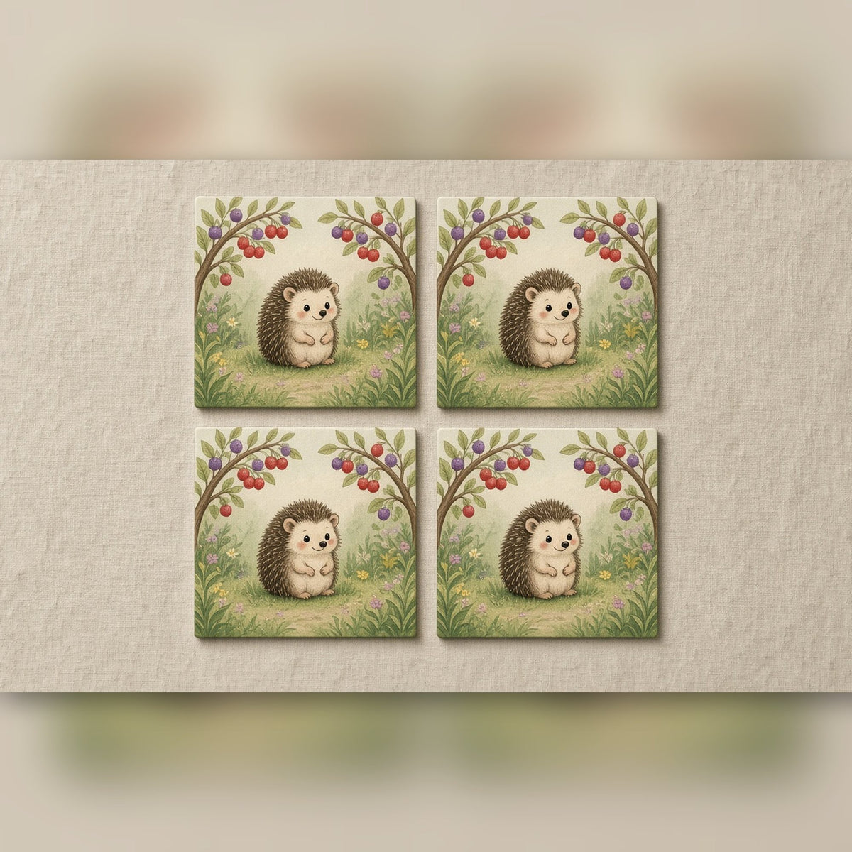 Hedgehog beneath berry branches printed flat on a set of four coasters, made with prompt #543