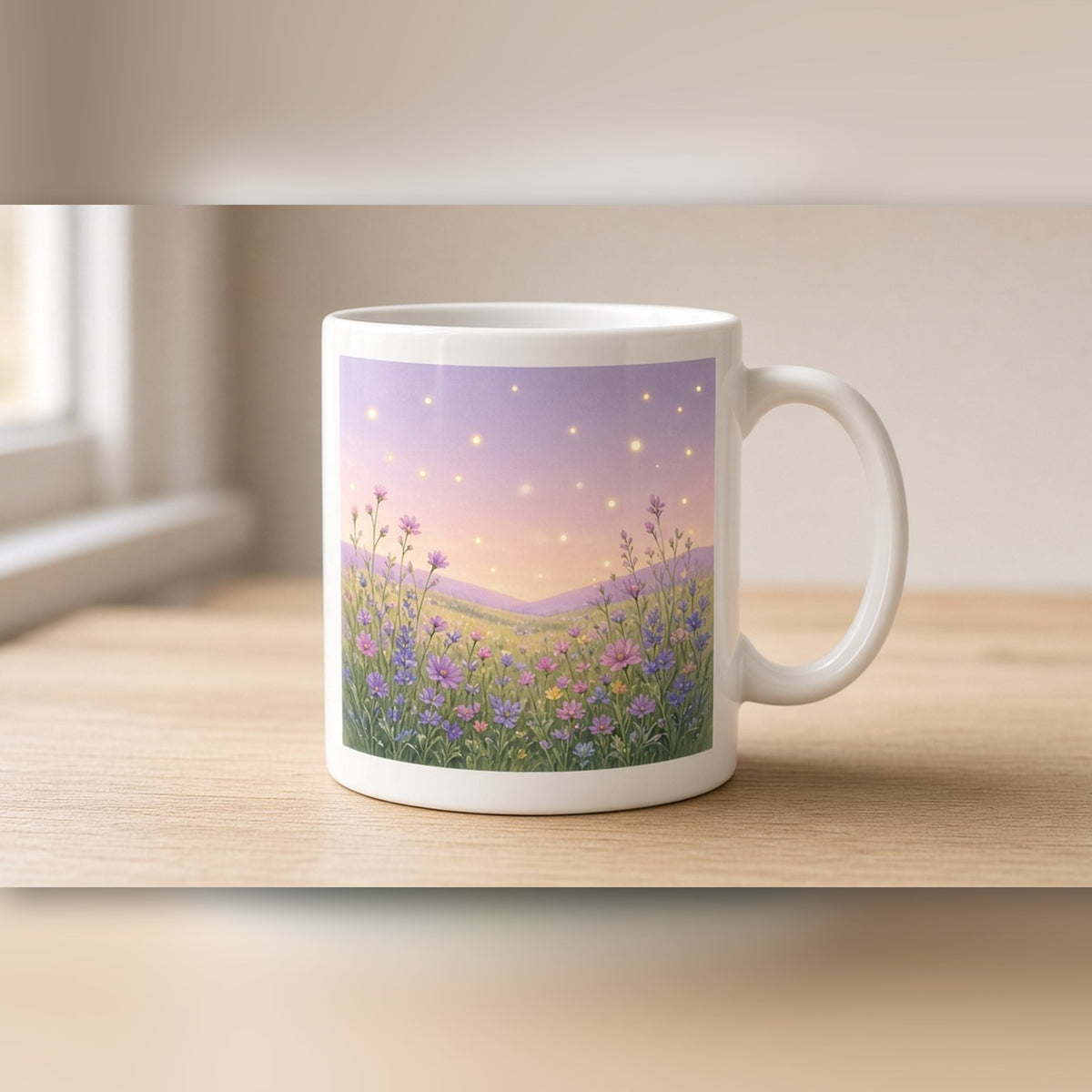 Meadow with floating lights printed flat on a ceramic mug, made with prompt #1023