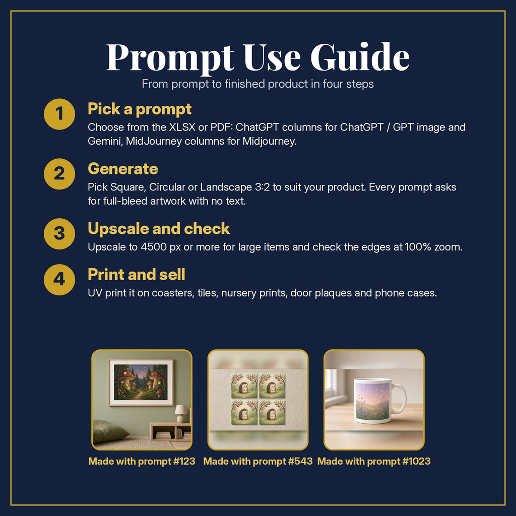 Prompt Use Guide for the Fairy Forests & Woodland Friends Kids Fantasy Bundle: pick a prompt, generate, upscale and check, print and sell, with sample products made with the pack's prompts