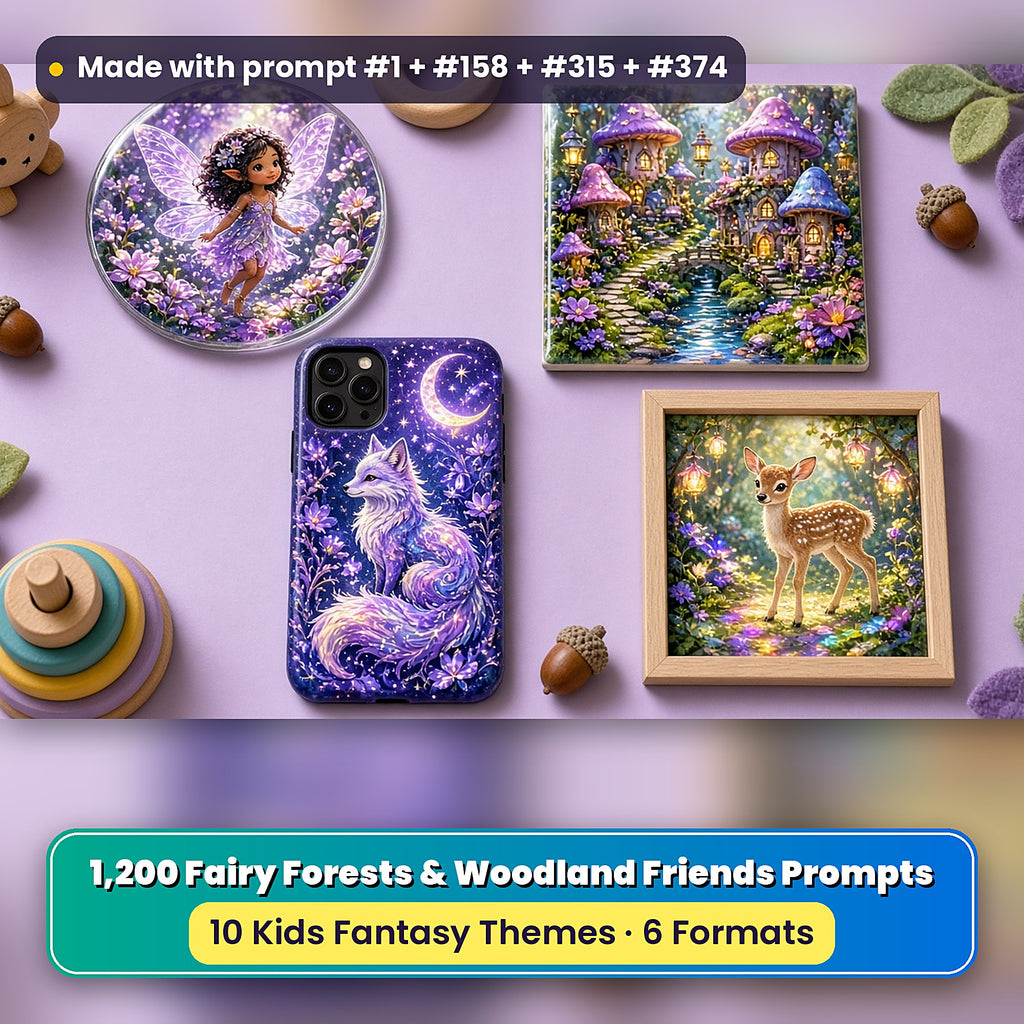 Fairy Forests & Woodland Friends kids fantasy prompt bundle: UV-printed coaster, tile and phone case set mockup, made with prompt #1 + #158 + #315 + #374