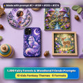 Fairy Forests & Woodland Friends kids fantasy prompt bundle: UV-printed coaster, tile and phone case set mockup, made with prompt #1 + #158 + #315 + #374