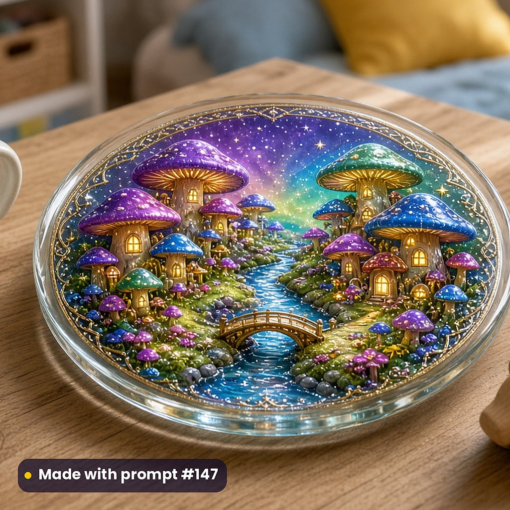 Fairy Forests & Woodland Friends kids fantasy prompt bundle: UV-printed glass coaster mockup, made with prompt #147