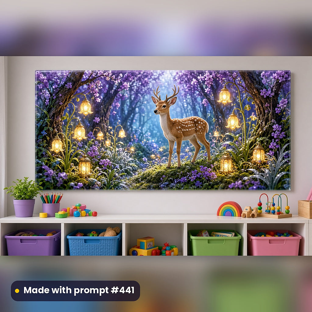 Fairy Forests & Woodland Friends kids fantasy prompt bundle: acrylic wall panel above a toy shelf mockup, made with prompt #441