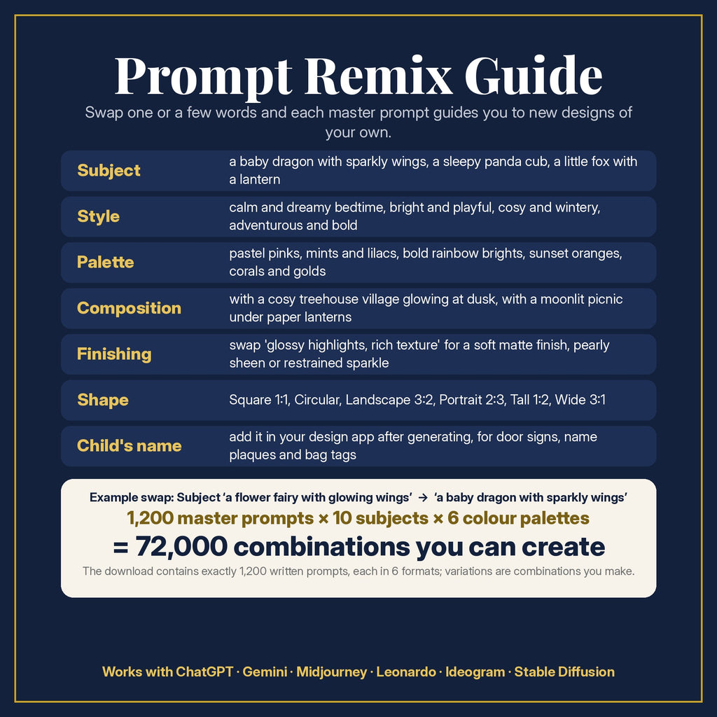 Prompt Remix Guide for the Fairy Forests & Woodland Friends Kids Fantasy Bundle: 1,200 master prompts × 10 subjects × 6 colour palettes = 72,000 combinations, and what to change