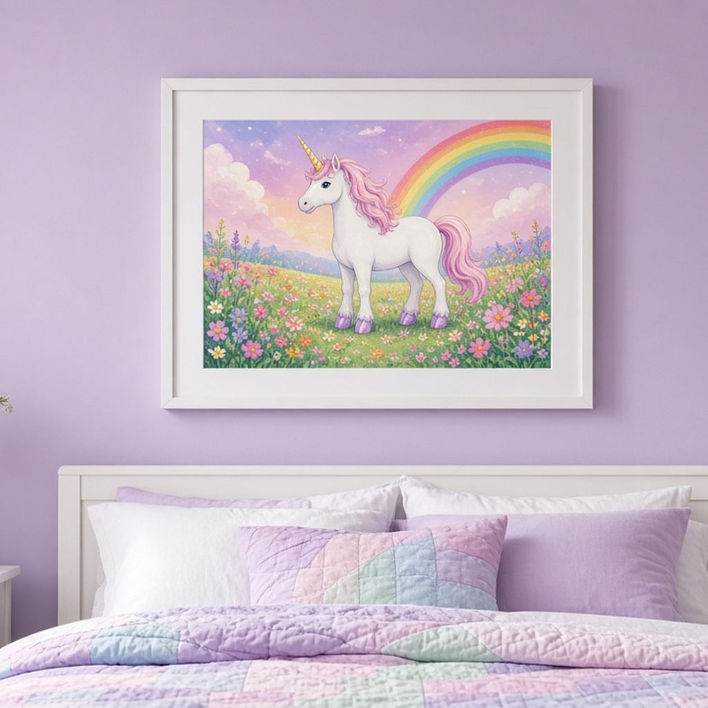 White unicorn with crystal hooves in a flower meadow shown as a flat framed print in a child's bedroom, made with prompt #15