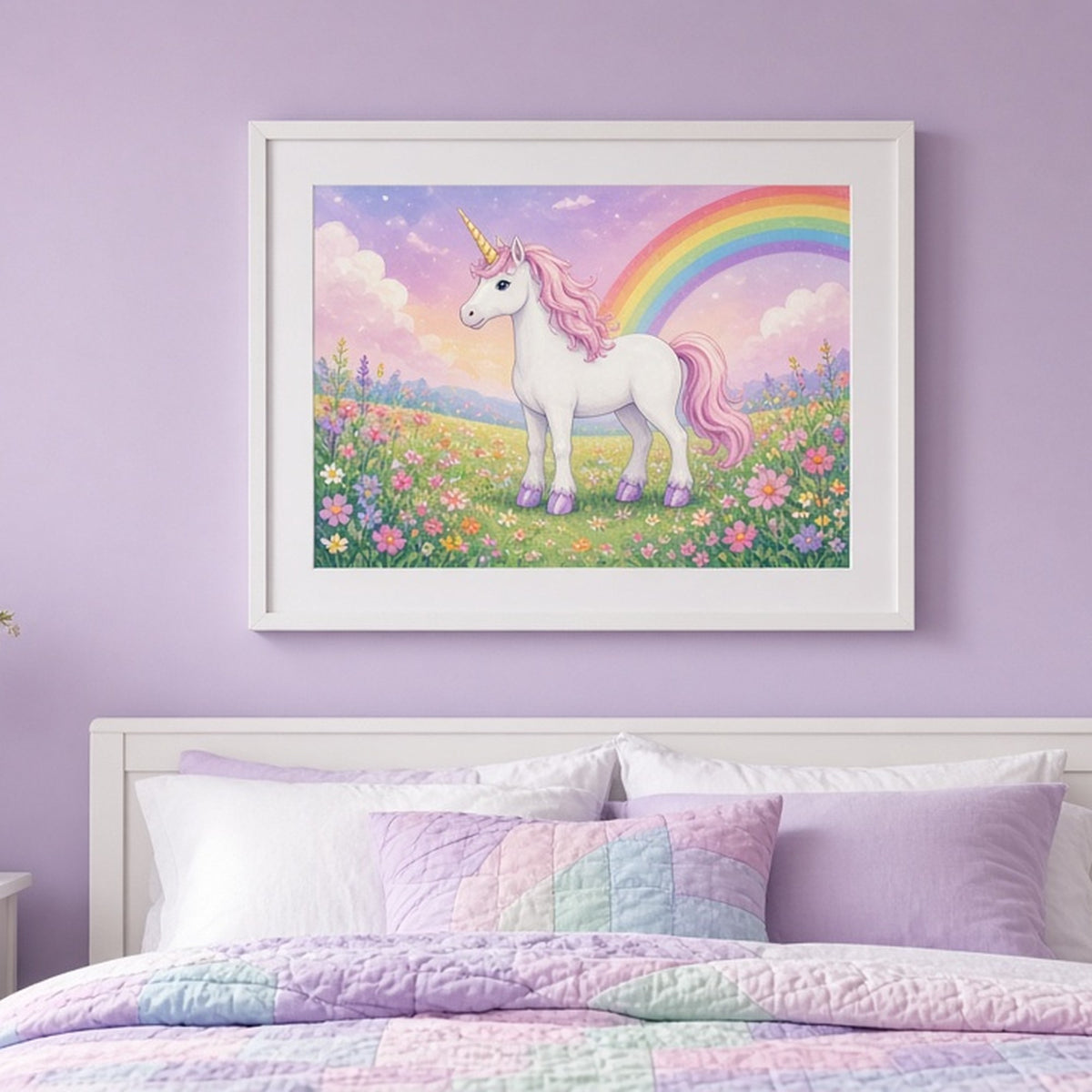 White unicorn with crystal hooves in a flower meadow shown as a flat framed print in a child's bedroom, made with prompt #15