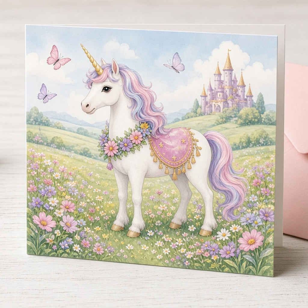 Royal unicorn with floral garlands printed flat on a greeting card, made with prompt #56