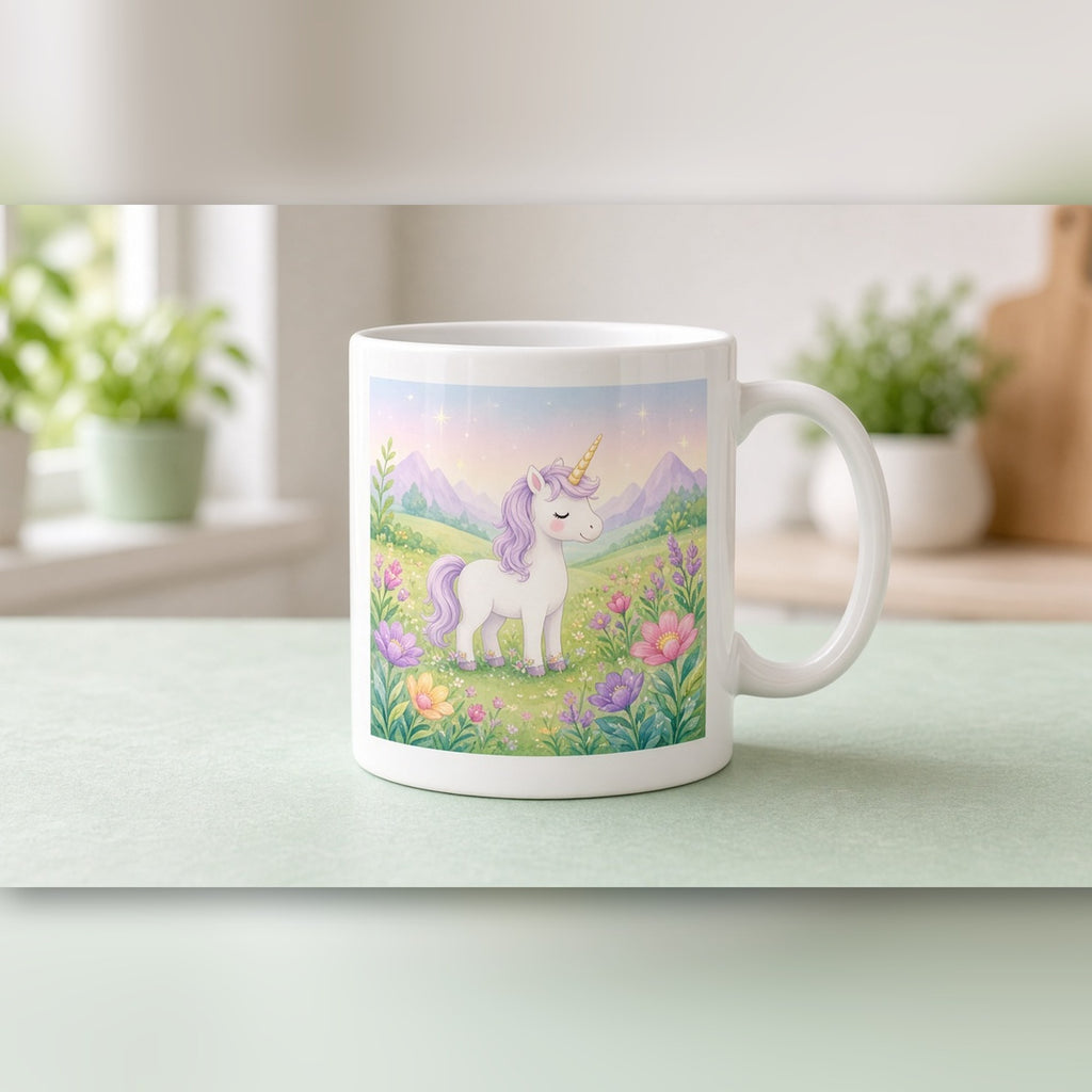 Gentle unicorn beside glowing flowers printed flat on a white mug, made with prompt #101