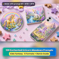 Enchanted Unicorn Meadows kids fantasy prompt pack: UV-printed coaster, tile and phone case set mockup, made with prompt #1 + #38 + #75