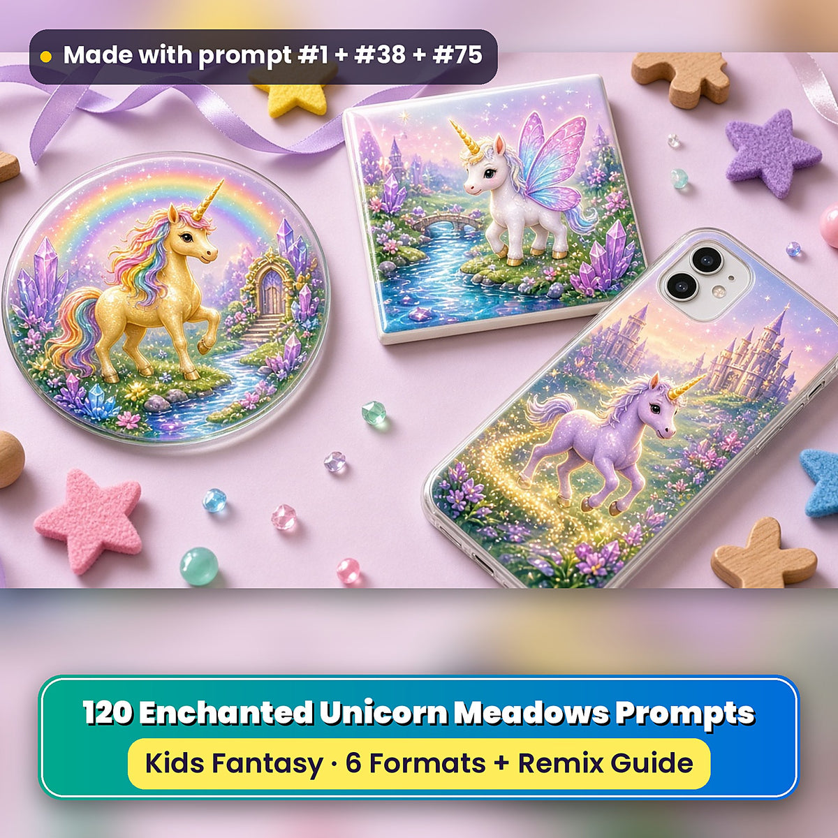 Enchanted Unicorn Meadows kids fantasy prompt pack: UV-printed coaster, tile and phone case set mockup, made with prompt #1 + #38 + #75