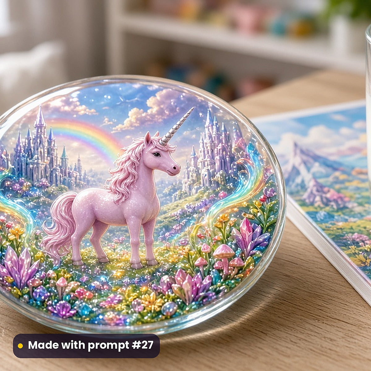 Enchanted Unicorn Meadows kids fantasy prompt pack: UV-printed glass coaster mockup, made with prompt #27