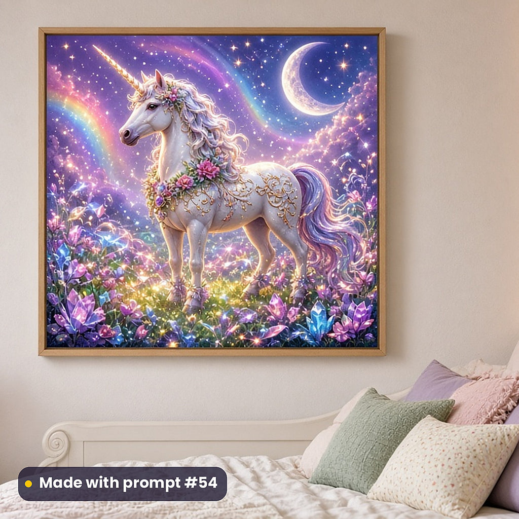 Enchanted Unicorn Meadows kids fantasy prompt pack: framed nursery print mockup, made with prompt #54